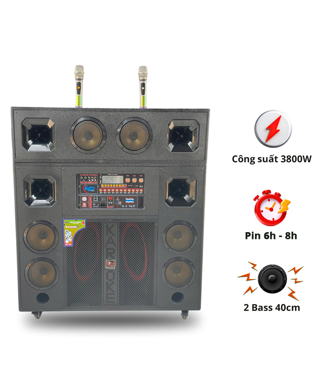 Loa N62, 2 Bass 40cm, Công Suất 450W, Kèm 2 micro UHF Kim Loại
