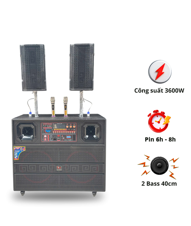 Loa N44, 2 Bass 40cm, Công Suất 3600W, Kèm 2 micro UHF Kim Loại