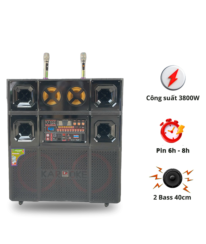Loa N88, 2 Bass 40cm, Công suất 3800W, Kèm 2 micro UHF Kim Loại